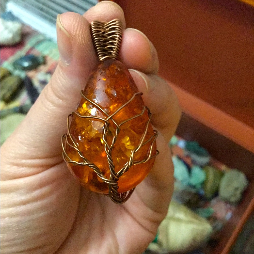 Beautiful baltic amber copper wire wrap pendant. Handmade never worn.